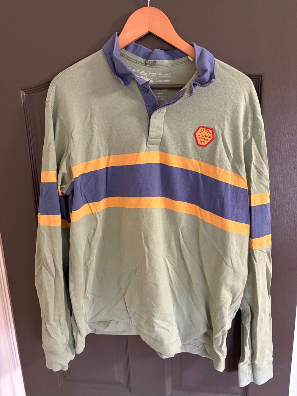 Patagonia Olive Green Rugby Polo with Navy and Yellow Stripes